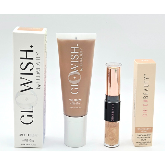 HUDA BEAUTY Glowish Multidew Skin Tint 04 Med & ChicaBeauty Glow Highlighter Duo - Picture 1 of 8